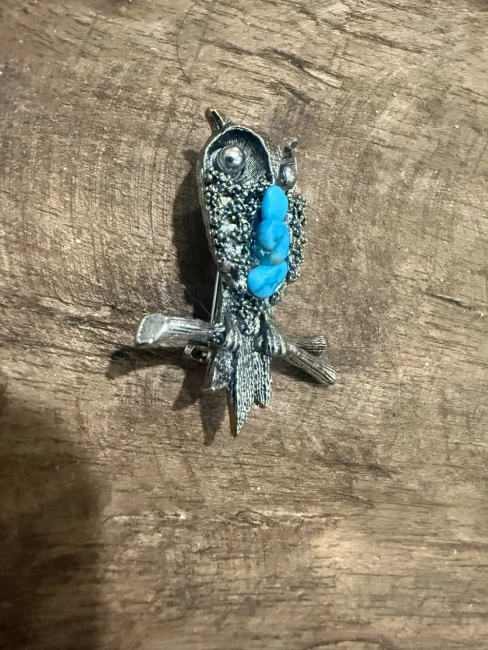 Vintage Silver Tone Owl Brooch with Turquoise Accents